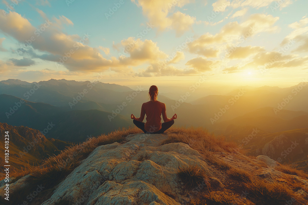 Fototapeta premium Peaceful Mountaintop Meditation at Sunset 