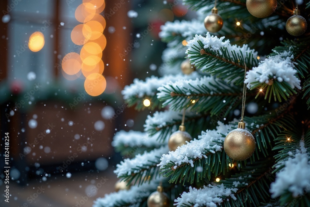 Icy snowflakes falling onto a large Christmas tree, decoration, snowflakes, winter Icy snowflakes falling onto a large Christmas tree, decoration, snowflakes, winter