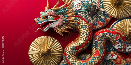 Wallpaper Mural Vibrant Gold Blue Chinese Dragon with Decorative Fans on Red Background Torontodigital.ca