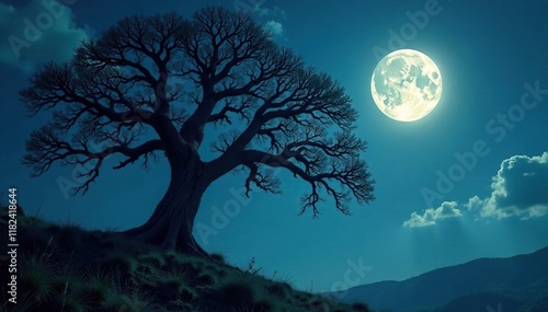 Ancient tree branches creak in the wind under full moon, creepy trees, tree, wind