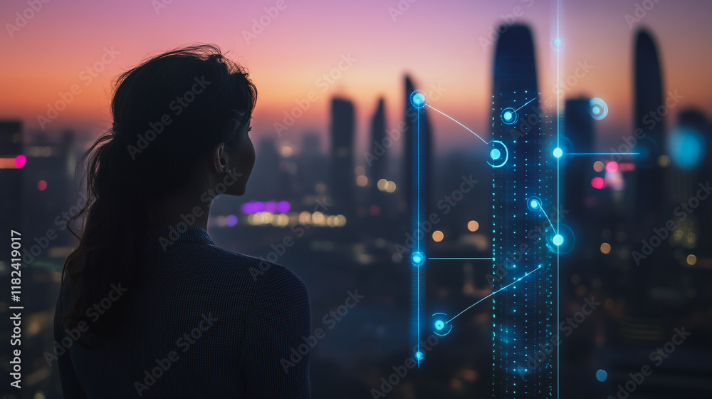 Abstract business woman stands on the peak of success amid tall, innovative Smart city and graphs with statistics to analyze business potential and predict future developments in company growth. Abstract business woman stands on the peak of success amid tall, innovative Smart city and graphs with statistics to analyze business potential and predict future developments in company growth.