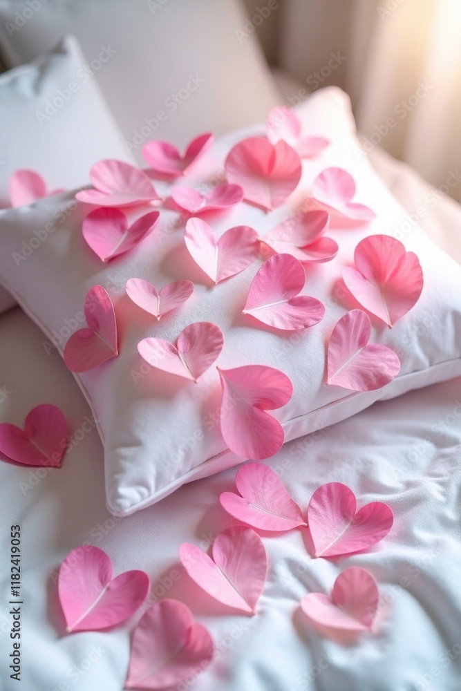 Soft pink petals with heart shapes unfolding on a crisp white pillow, pillow, fresh Soft pink petals with heart shapes unfolding on a crisp white pillow, pillow, fresh