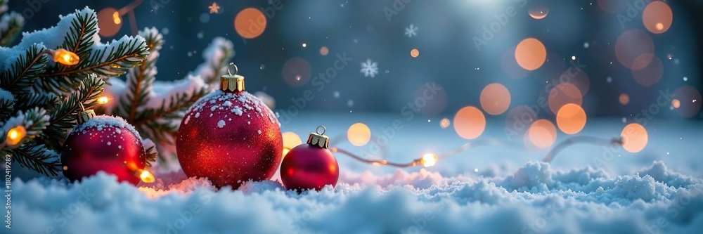 Frosty landscape with sparkling baubles and lights on snow, holiday decorations, winter wonderland Frosty landscape with sparkling baubles and lights on snow, holiday decorations, winter wonderland