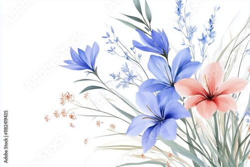 A beautiful bouquet of spring flowers on a white background, close-up. Watercolor multi colored flowers. Congratulatory botanical banner, card