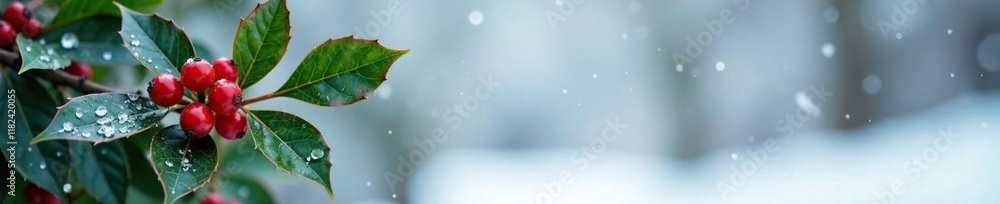 Obraz premium Holly branch with red berries and dark green leaves against a snowy winter background, evergreen, snow, holly