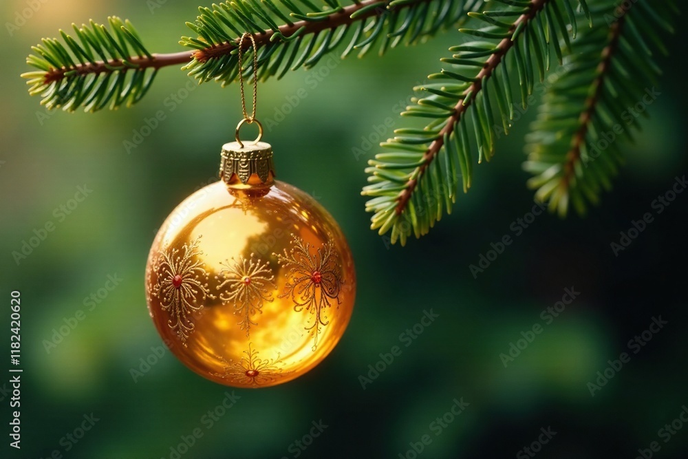 Delicate golden glass ornament hanging from fir branch, branch, glass Delicate golden glass ornament hanging from fir branch, branch, glass