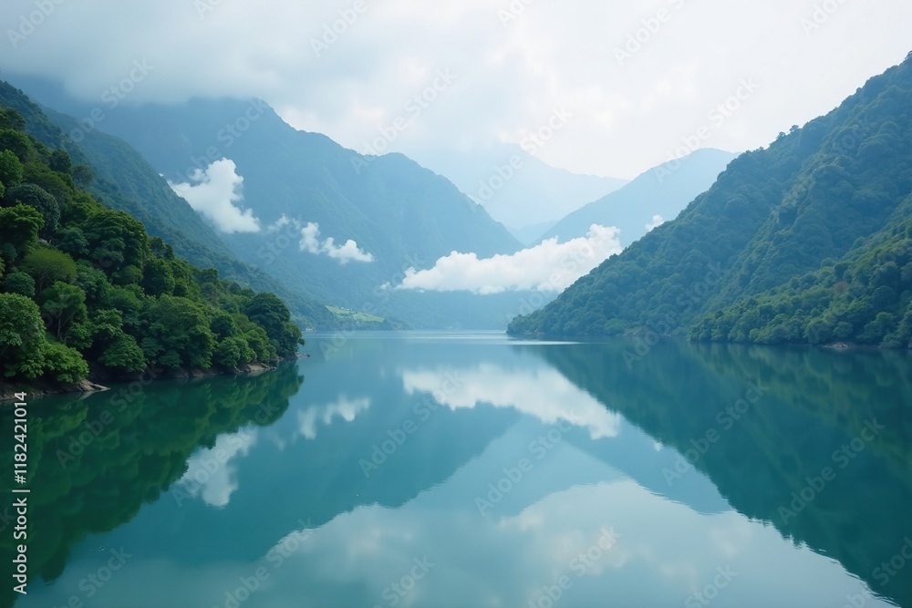Serene lake surface reflected in misty mountains, Taiwan, Nantou Serene lake surface reflected in misty mountains, Taiwan, Nantou
