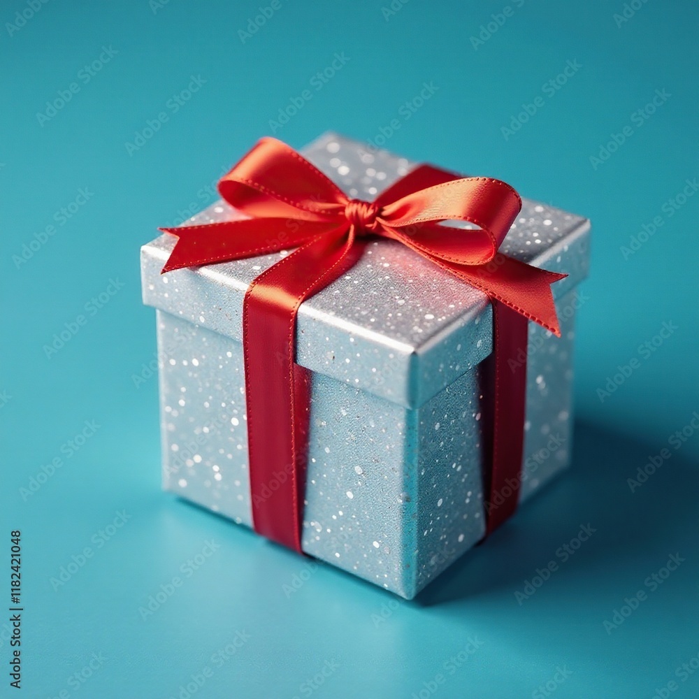 Fototapeta premium Red striped ribbon wrapped around a glittery silver gift box, gift, paper