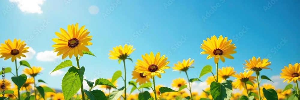 Obraz premium Large yellow flowers of Tupinambo Helianthus tuberosus against a blue sky, nature, sky