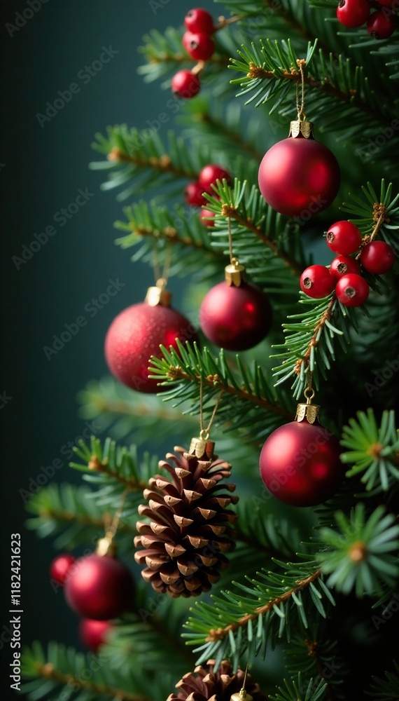 Red berries and pinecones adorn the Christmas tree, christmas tree, ornaments, holly Red berries and pinecones adorn the Christmas tree, christmas tree, ornaments, holly