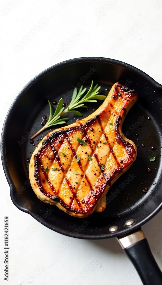 Sizzling pan with a seared pork chop on a white background, dinner, savory