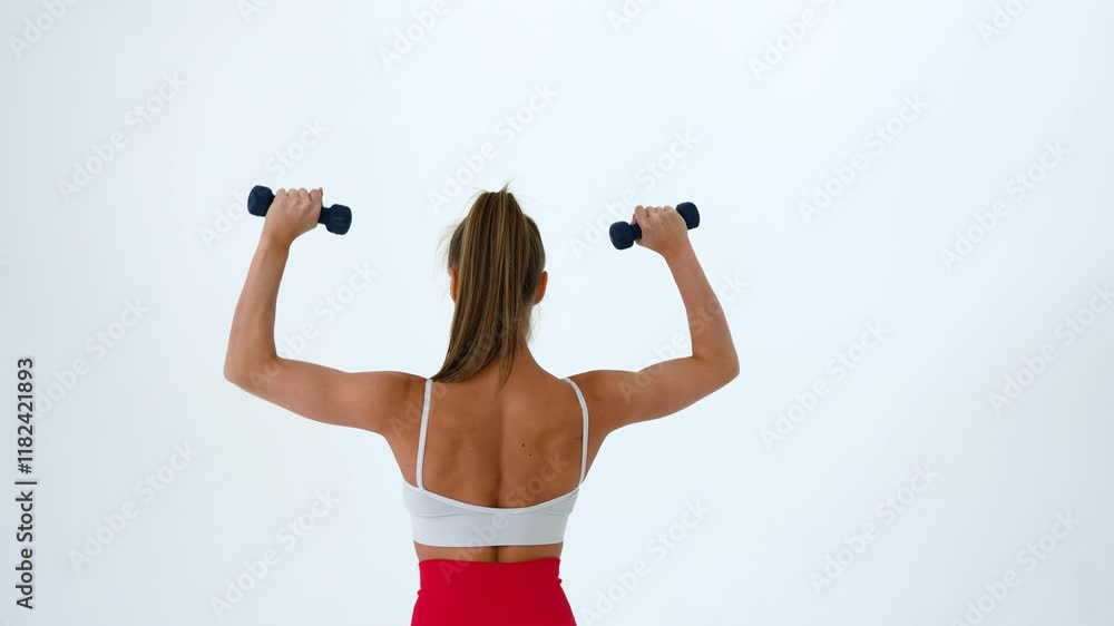 Young woman doing exercise with dumbbells on white background. Young woman doing exercise with dumbbells on white background.