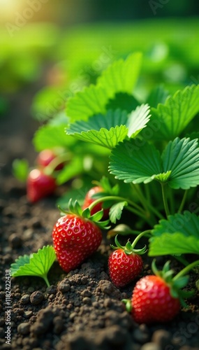 Fresh strawberry plants growing in a lush green field, garden, strawberries