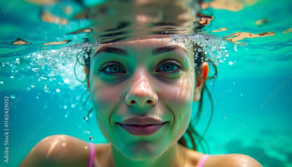 Close-up underwater portrait of a smiling woman with bubbles surrounding her face. Crystal clear turquoise water. Close-up underwater portrait of a smiling woman with bubbles surrounding her face. Crystal clear turquoise water.