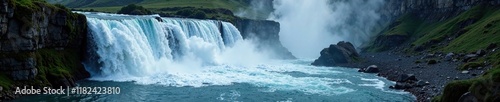 Torrential waters cascade down rugged terrain, water, luminant photo