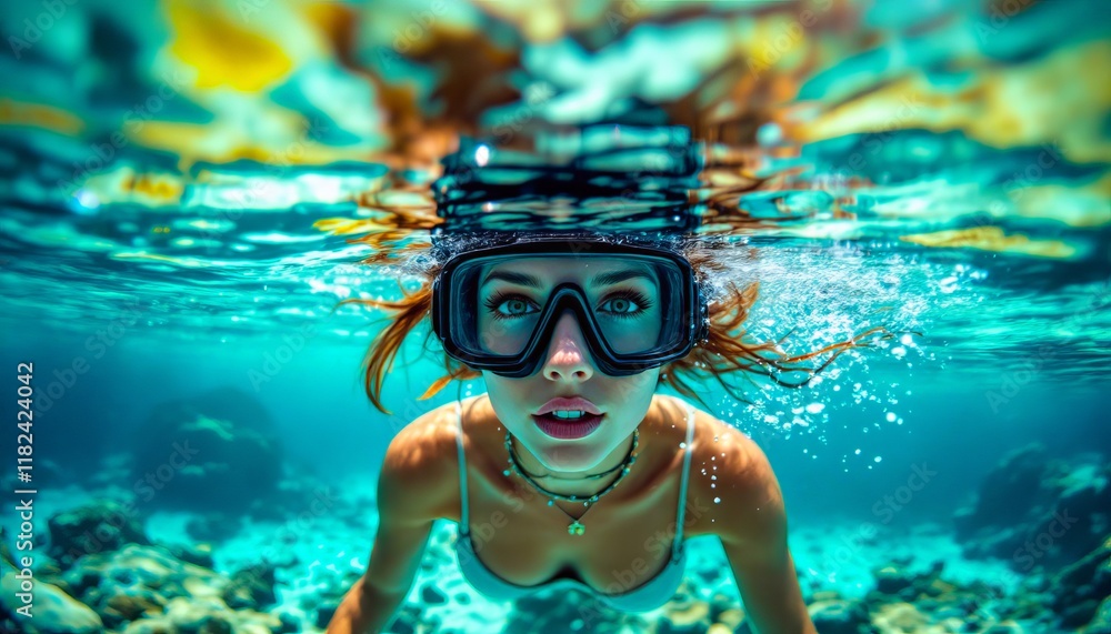 Naklejka premium Woman snorkeling underwater, clear turquoise water, vibrant coral reef.
