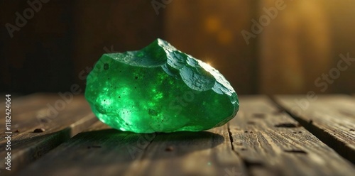 Emerald and jade stone against warm wood background, coziness, wood