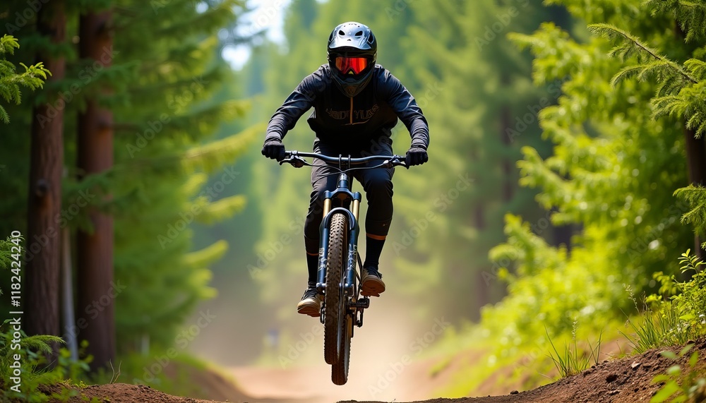 Naklejka premium Mountain biker soaring through a lush forest trail, showcasing exhilarating speed and skill.