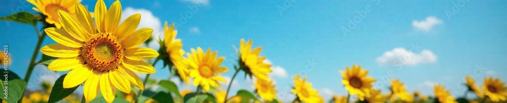 Large yellow sunflower blooms in a garden against blue sky, nature, blossom, garden Large yellow sunflower blooms in a garden against blue sky, nature, blossom, garden