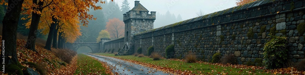 Obraz premium Weathered stone walls amidst autumn foliage, misty rain drizzle, castle, eerie