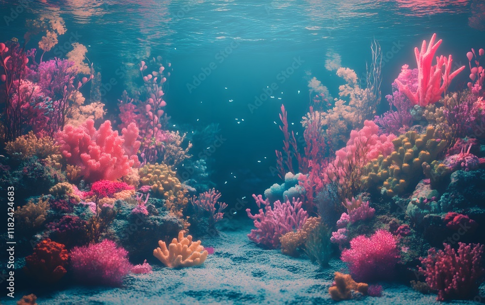 Naklejka premium Vibrant underwater scene featuring colorful coral reefs and diverse marine life. A serene glimpse into the beauty of ocean ecosystems teeming with life and color.