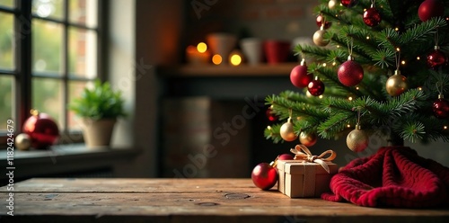 Festive holiday ambiance with a Christmas tree and wooden table, Wooden Table, Holiday Decor
