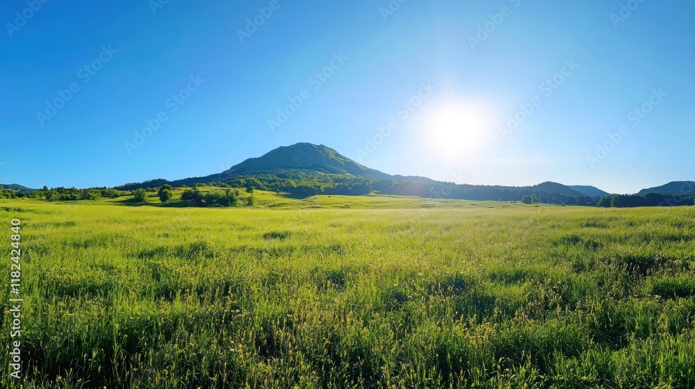 Fototapeta premium Sunny day, green meadow, mountain landscape.