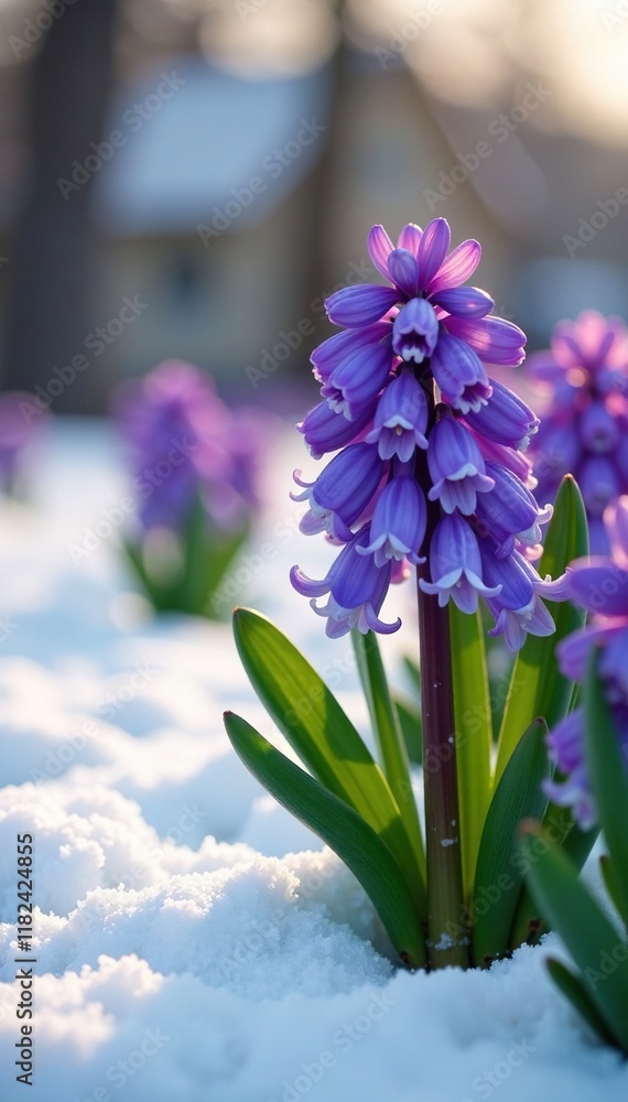 Fototapeta premium Hyacinths forming a carpet under the melting snow, flowers, thaw