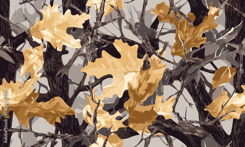 Realistic forest camouflage. Seamless pattern. Trees, branches, green and brown oak leaves. Useable for hunting and military purposes. Hunting camo texture. Abstract camouflage