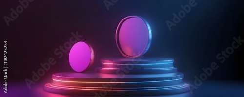 A captivating and futuristic design featuring two glowing circular shapes on a modern podium, illuminated by vibrant neon lights, perfect for tech-related projects.