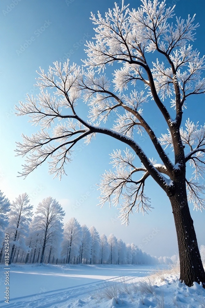 Frosty tree branches, bare limbs stretching towards sky, frost, trees Frosty tree branches, bare limbs stretching towards sky, frost, trees