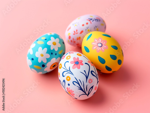 hand painted Easter eggs on a pink background photo