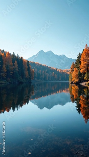 Wallpaper Mural Brown forest and trees reflected in calm empty freshwater lake surface with blue sky above, reflection, lake, serene Torontodigital.ca