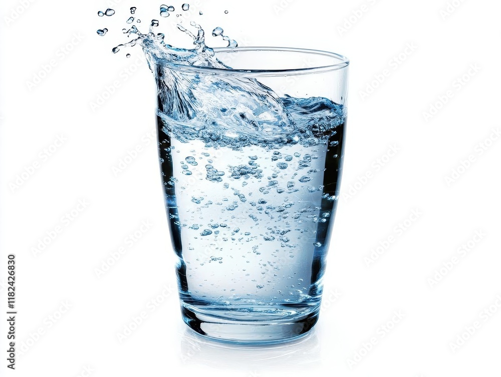 glass of pure spring water with crystal clear droplets and dynamic splash effect on pristine white background, refreshing beverage concept glass of pure spring water with crystal clear droplets and dynamic splash effect on pristine white background, refreshing beverage concept