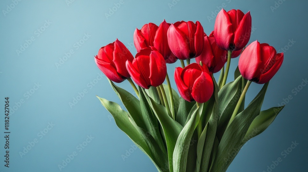 Fototapeta premium Red tulips arranged beautifully in a vase against a soft blue background highlighting their vibrant colors and delicate petals