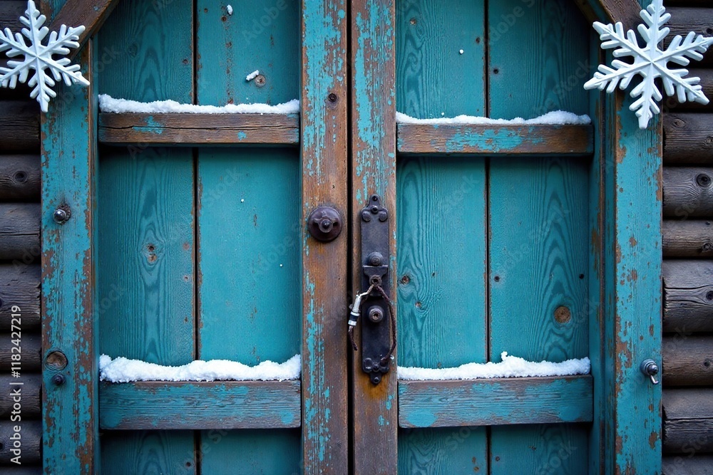Icy blue and white snowflakes adorn a rustic wooden door, cozy, holiday, wood
