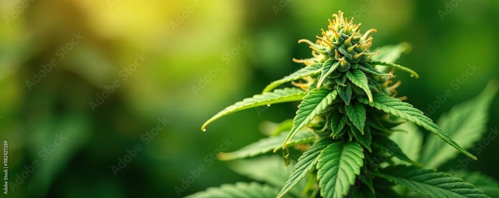 Raw cannabis plant with honey dripping from its flower, cannabis, garden Raw cannabis plant with honey dripping from its flower, cannabis, garden
