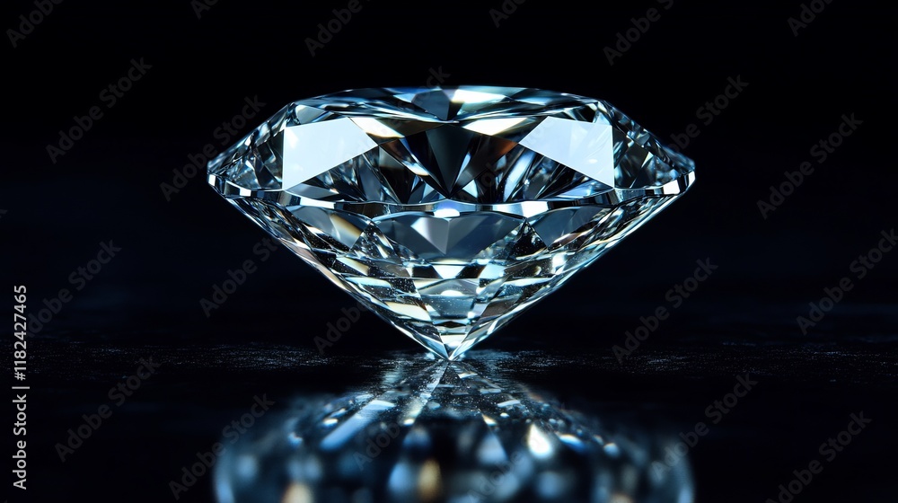 Bright diamond reflecting light in dark background displays intricate cuts and clarity Bright diamond reflecting light in dark background displays intricate cuts and clarity
