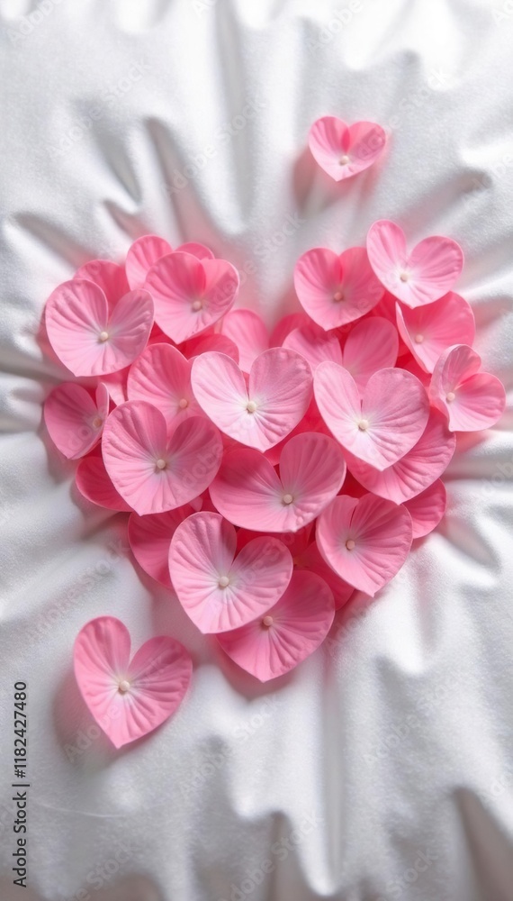 Obraz premium Soft pink petals with heart shapes unfolding on a crisp white pillow, soft, flowers