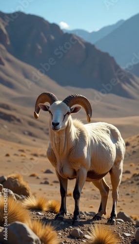 Sheeps in the Pamir plateau with horns and skulls, , barren land photo