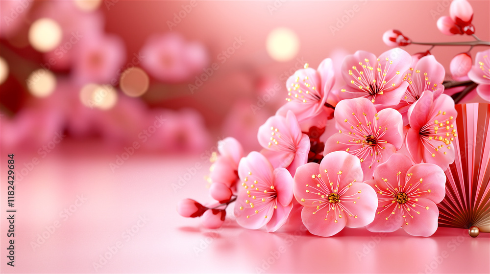 Obraz premium Delicate sakura flowers in soft pink tones with golden accents evoking a romantic and serene atmosphere, complemented by a washed out light background.