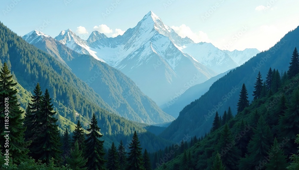 Fototapeta premium Dense forest of coniferous trees at high altitude, Himalayas, mountain range