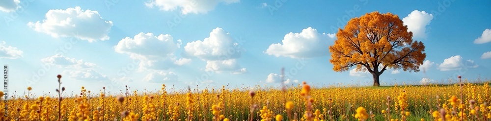 lone tree in field of catkins amidst blue sky and white clouds, cloud, forest, autumn lone tree in field of catkins amidst blue sky and white clouds, cloud, forest, autumn
