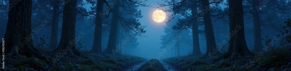 A misty forest trail at night with a glowing moon above, mysterious, shadows A misty forest trail at night with a glowing moon above, mysterious, shadows