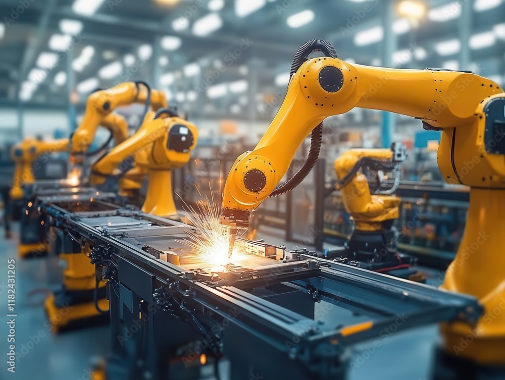 industrial robot welding arms operating with high precision in modern automotive manufacturing plant, showcasing smart factory automation technology industrial robot welding arms operating with high precision in modern automotive manufacturing plant, showcasing smart factory automation technology