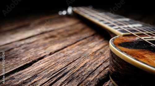 A close up of an acoustic guitar on a wooden table