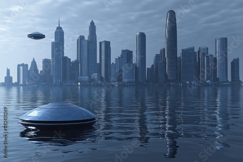 Futuristic city skyline with UFOs hovering over calm waters. A scene of mystery and technological advancement. photo