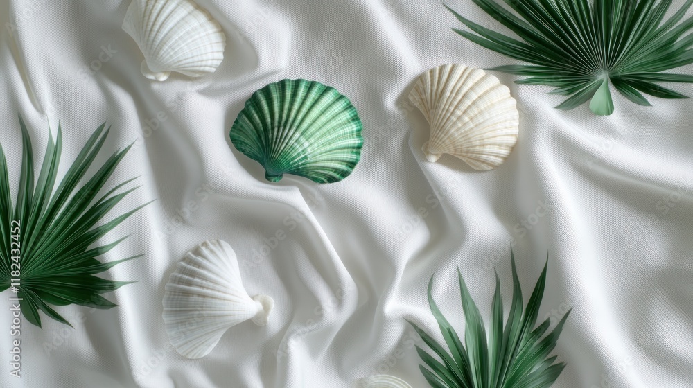 Naklejka premium Seashells and palm leaves on white silk fabric.