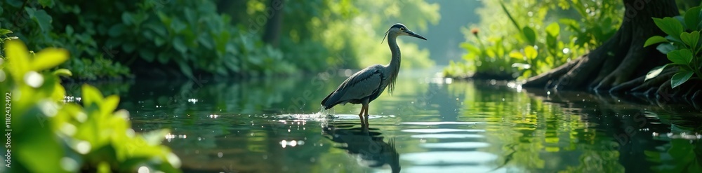 Heron wading through shallow water with aquatic plants, , plants Heron wading through shallow water with aquatic plants, , plants