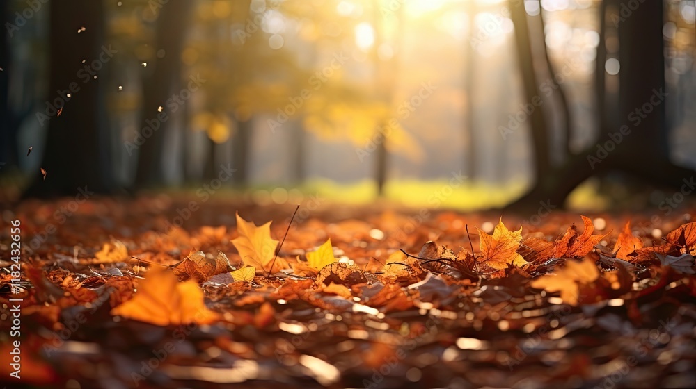 Autumn leaves in the forest at sunset, shallow depth of field Autumn leaves in the forest at sunset, shallow depth of field